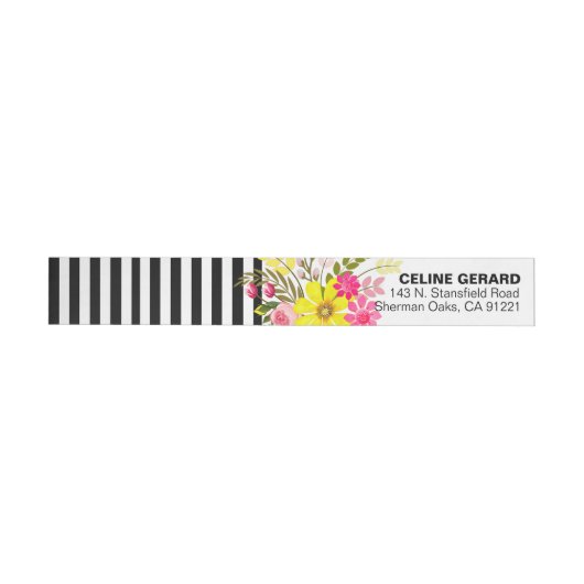 Black and White Striped Folklore Flowers | geel Omwikkelbaar Adreslabel (Individueel)