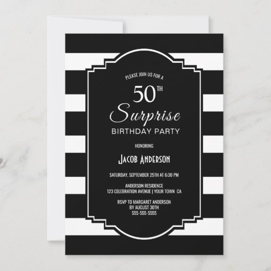Black and White Striped Surprise 50th Birthday Kaart (Voorkant)