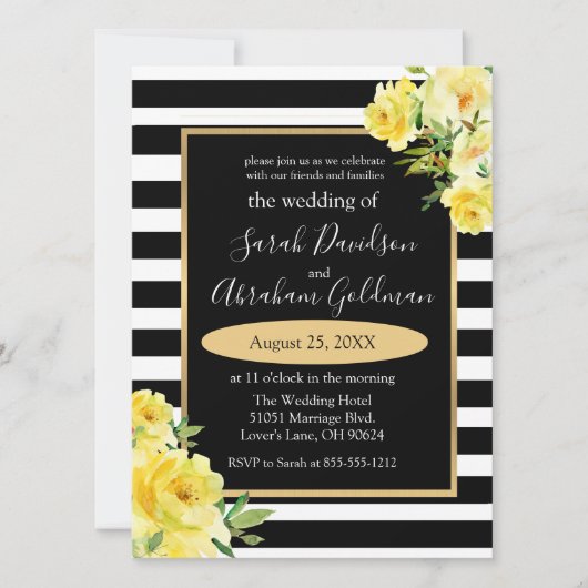 Black and White Stripes Flowers Rozen Wedding Inv Kaart (Voorkant)