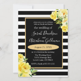 Black and White Stripes Flowers Rozen Wedding Inv Kaart