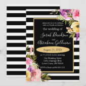 Black and White Stripes Flowers Rozen Wedding Inv Kaart (Voorkant / Achterkant)
