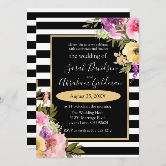 Black and White Stripes Flowers Rozen Wedding Inv Kaart (Voorkant / Achterkant)