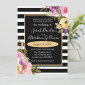 Black and White Stripes Flowers Rozen Wedding Inv Kaart (Staand voorkant)