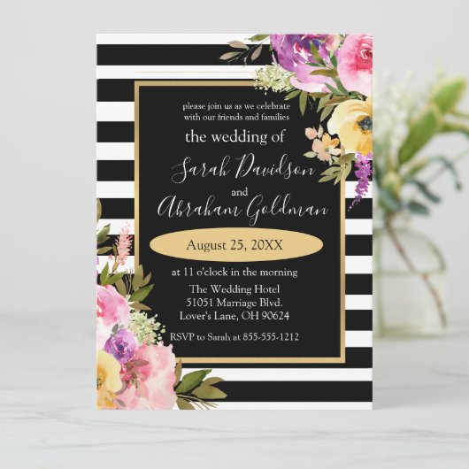 Black and White Stripes Flowers Rozen Wedding Inv Kaart (Staand voorkant)