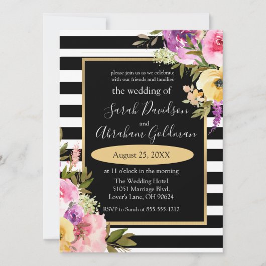 Black and White Stripes Flowers Rozen Wedding Inv Kaart (Voorkant)
