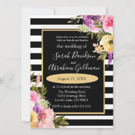 Black and White Stripes Flowers Rozen Wedding Inv Kaart