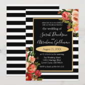 Black and White Stripes Flowers Rozen Wedding Inv Kaart (Voorkant / Achterkant)