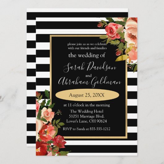 Black and White Stripes Flowers Rozen Wedding Inv Kaart (Voorkant / Achterkant)