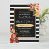 Black and White Stripes Flowers Rozen Wedding Inv Kaart (Staand voorkant)