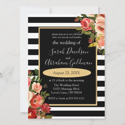 Black and White Stripes Flowers Rozen Wedding Inv Kaart (Voorkant)