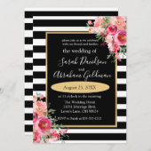 Black and White Stripes Flowers Rozen Wedding Inv Kaart (Voorkant / Achterkant)