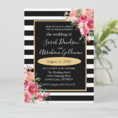 Black and White Stripes Flowers Rozen Wedding Inv Kaart (Staand voorkant)