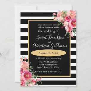 Black and White Stripes Flowers Rozen Wedding Inv Kaart