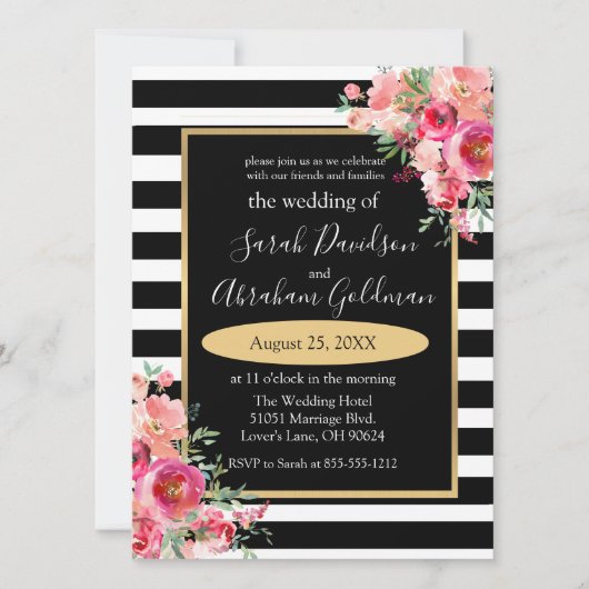 Black and White Stripes Flowers Rozen Wedding Inv Kaart (Voorkant)