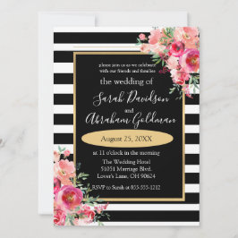 Black and White Stripes Flowers Rozen Wedding Inv Kaart