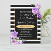 Black and White Stripes Flowers Rozen Wedding Inv Kaart (Staand voorkant)