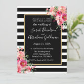 Black and White Stripes Flowers Rozen Wedding Inv Kaart (Staand voorkant)