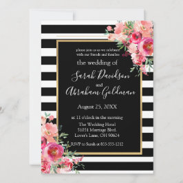 Black and White Stripes Flowers Rozen Wedding Inv Kaart