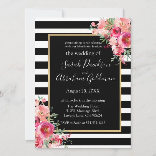 Black and White Stripes Flowers Rozen Wedding Inv Kaart (Voorkant)