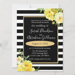 Black and White Stripes Flowers Rozen Wedding Inv Kaart