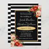 Black and White Stripes Flowers Rozen Wedding Inv Kaart (Voorkant / Achterkant)