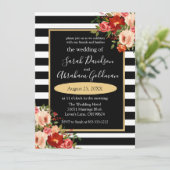 Black and White Stripes Flowers Rozen Wedding Inv Kaart (Staand voorkant)