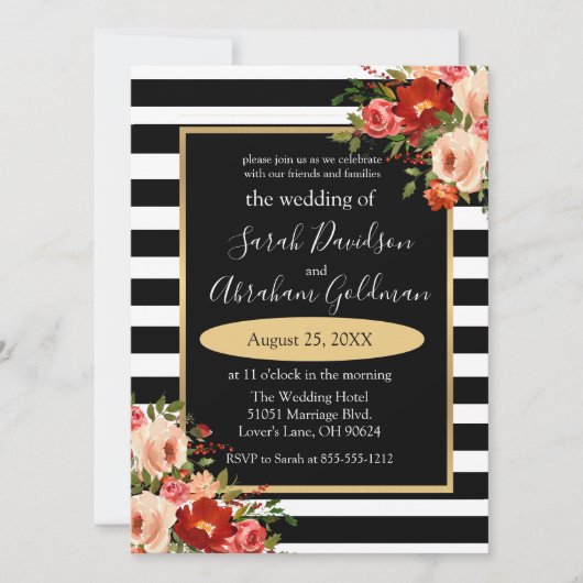 Black and White Stripes Flowers Rozen Wedding Inv Kaart (Voorkant)
