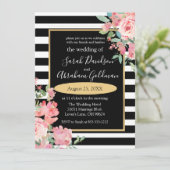 Black and White Stripes Flowers Rozen Wedding Inv Kaart (Staand voorkant)