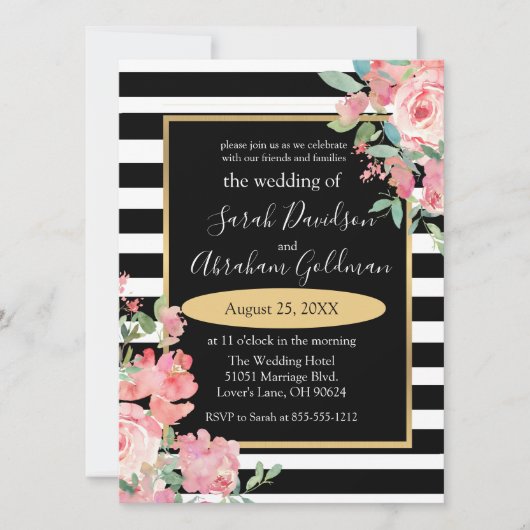 Black and White Stripes Flowers Rozen Wedding Inv Kaart (Voorkant)