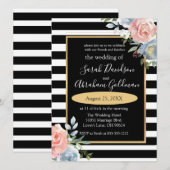 Black and White Stripes Flowers Rozen Wedding Inv Kaart (Voorkant / Achterkant)