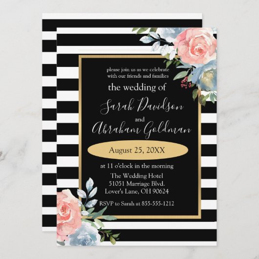 Black and White Stripes Flowers Rozen Wedding Inv Kaart (Voorkant / Achterkant)