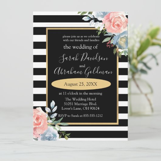 Black and White Stripes Flowers Rozen Wedding Inv Kaart (Staand voorkant)