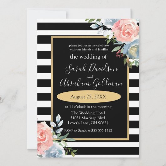 Black and White Stripes Flowers Rozen Wedding Inv Kaart (Voorkant)
