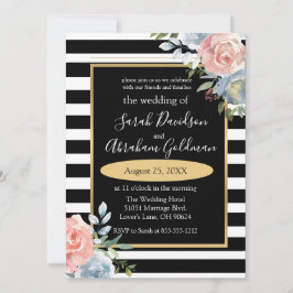 Black and White Stripes Flowers Rozen Wedding Inv Kaart