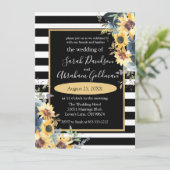 Black and White Stripes Flowers Sunflower Wedding Kaart (Staand voorkant)