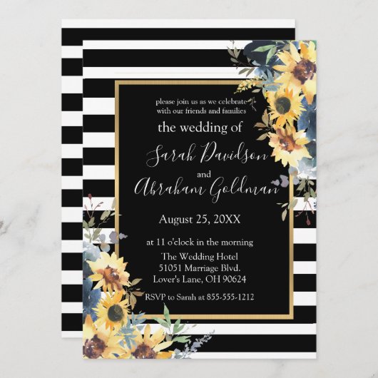 Black and White Stripes Flowers Sunflower Wedding Kaart (Voorkant / Achterkant)