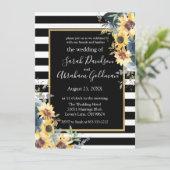 Black and White Stripes Flowers Sunflower Wedding Kaart (Staand voorkant)