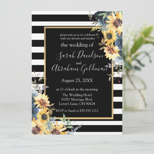 Black and White Stripes Flowers Sunflower Wedding Kaart (Staand voorkant)