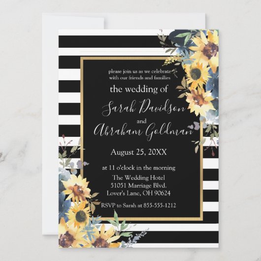 Black and White Stripes Flowers Sunflower Wedding Kaart (Voorkant)