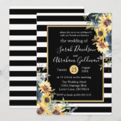 Black and White Stripes Flowers Sunflower Wedding Kaart (Voorkant / Achterkant)