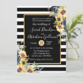 Black and White Stripes Flowers Sunflower Wedding Kaart (Staand voorkant)