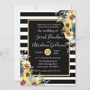 Black and White Stripes Flowers Sunflower Wedding Kaart