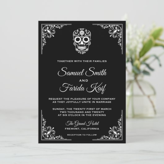 Black and White Sugar Skull Weddenschap Kaart (Staand voorkant)