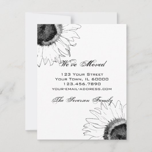 Black and White Sunflower Change of Address Aankondiging (Voorkant)