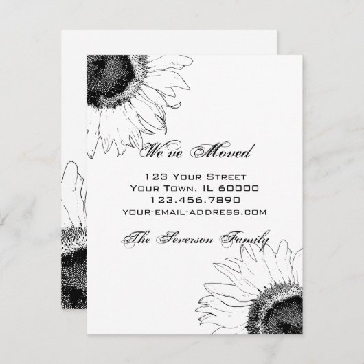 Black and White Sunflower Change of Address Aankondiging (Voorkant / Achterkant)