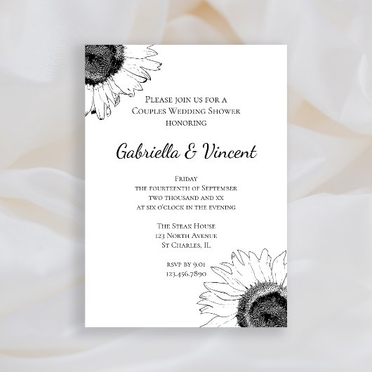 Black and White Sunflower Couples Wedding Shower Kaart