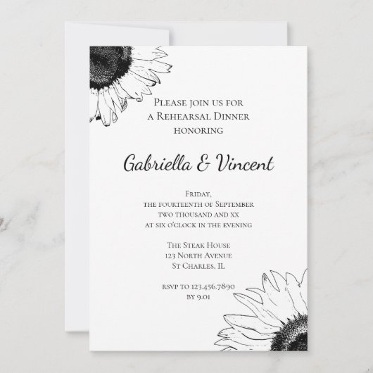 Black and White Sunflower Weddenschap Dinner Kaart (Voorkant)