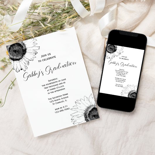 Black and White Sunflowers Afstudeerfeest Kaart