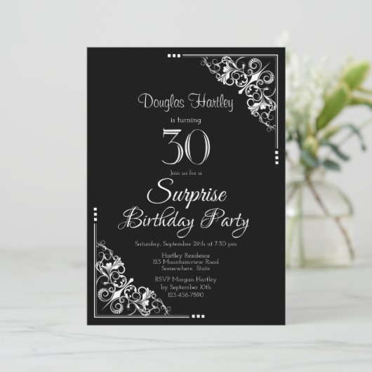 Black and White Surprise 30th Birthday Party Kaart (Staand voorkant)