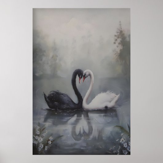 Black and White Swans in Misty Lake Dark Poster (Voorkant)